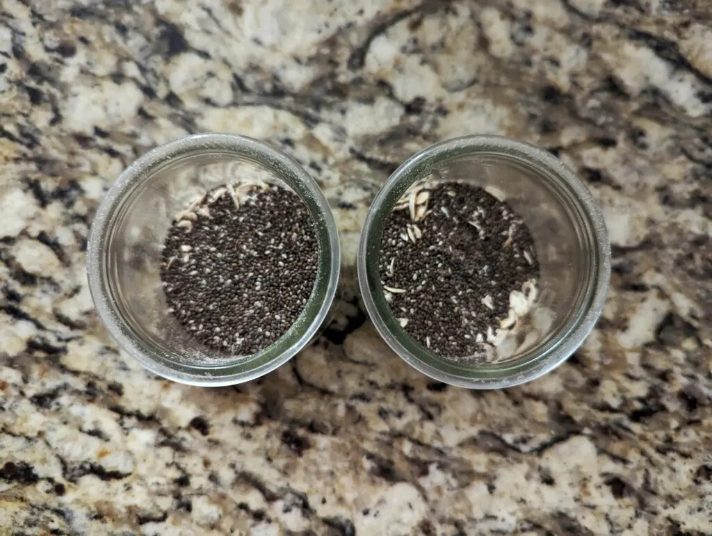 Oats and chia seeds in two glass jars. 