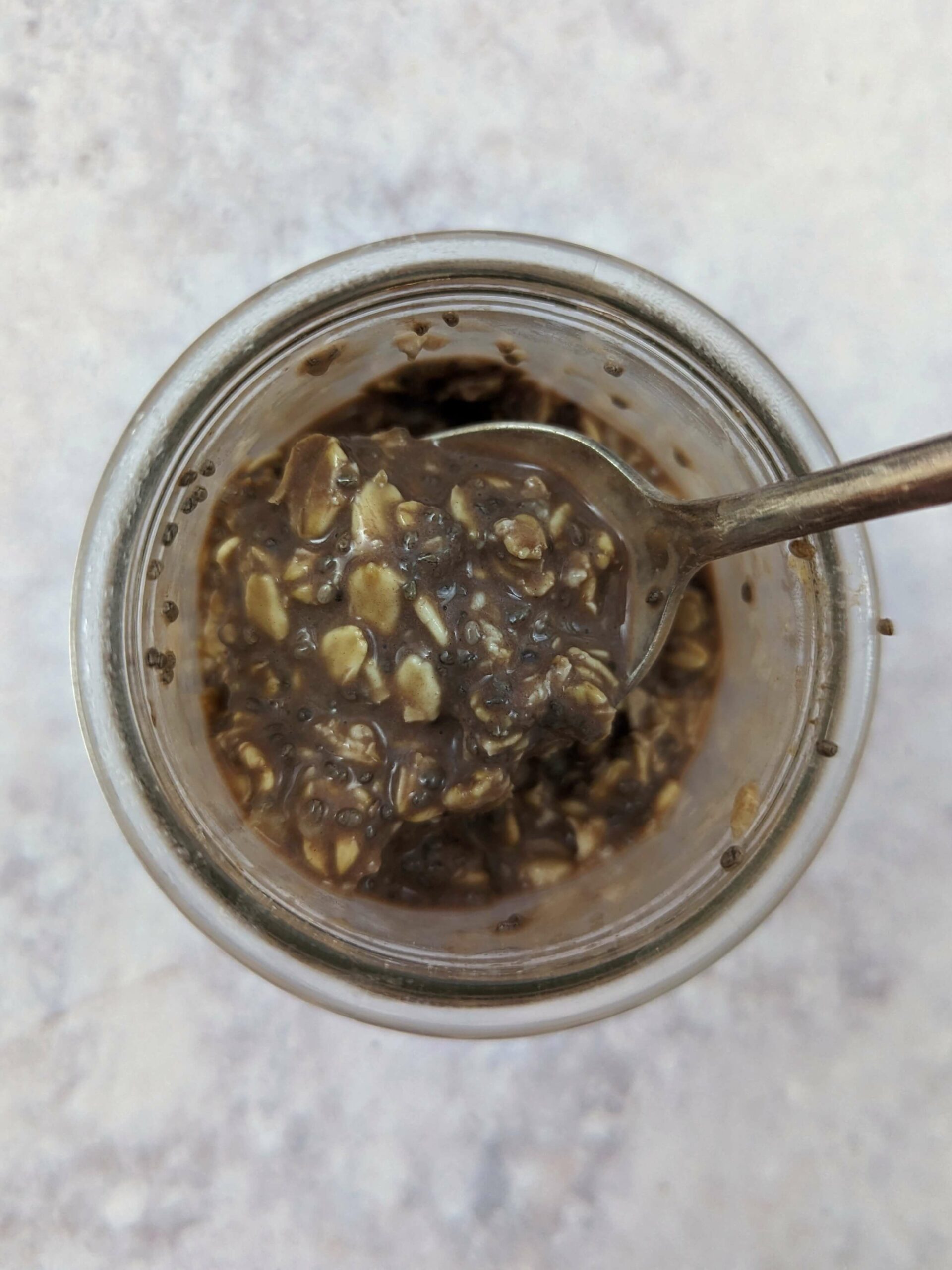 An overhead view of protein overnight oats without any toppings.