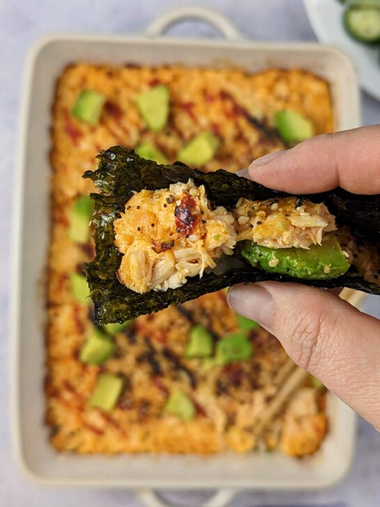 Sushi salmon bake topped with diced avocado.