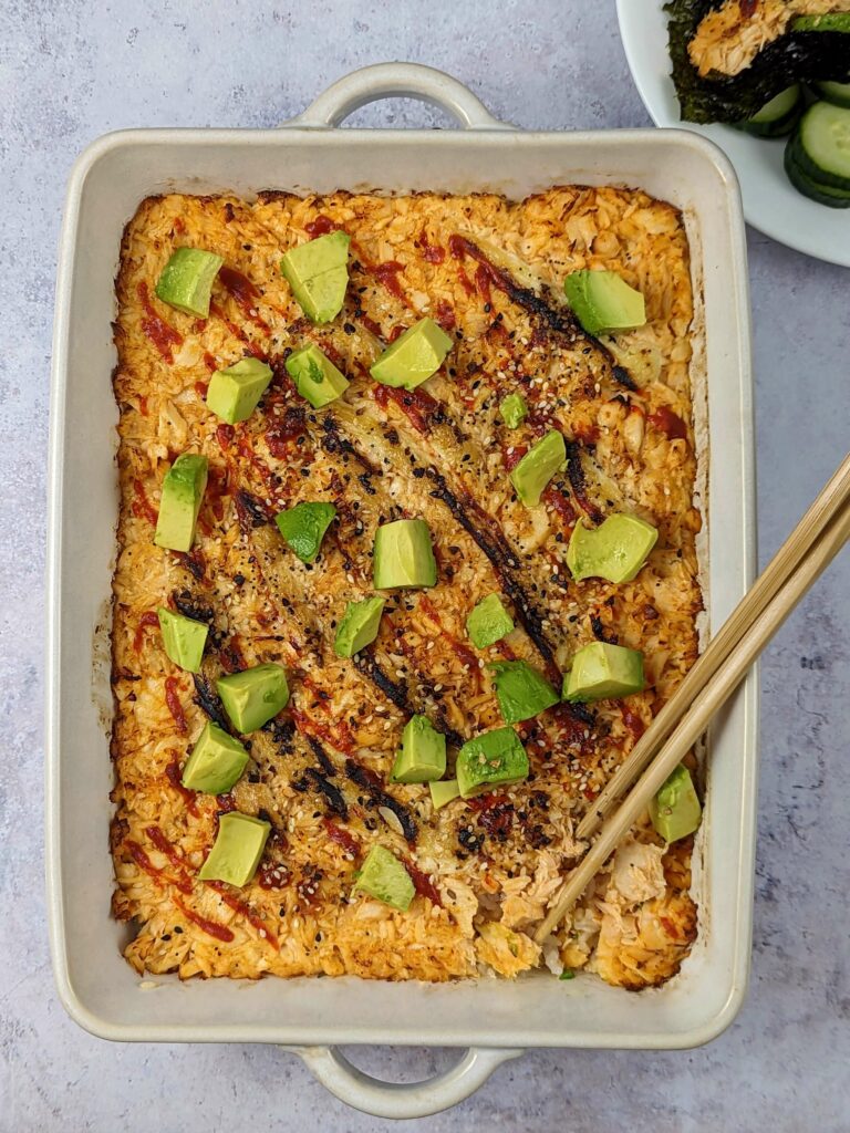 Sushi salmon bake topped with diced avocado.