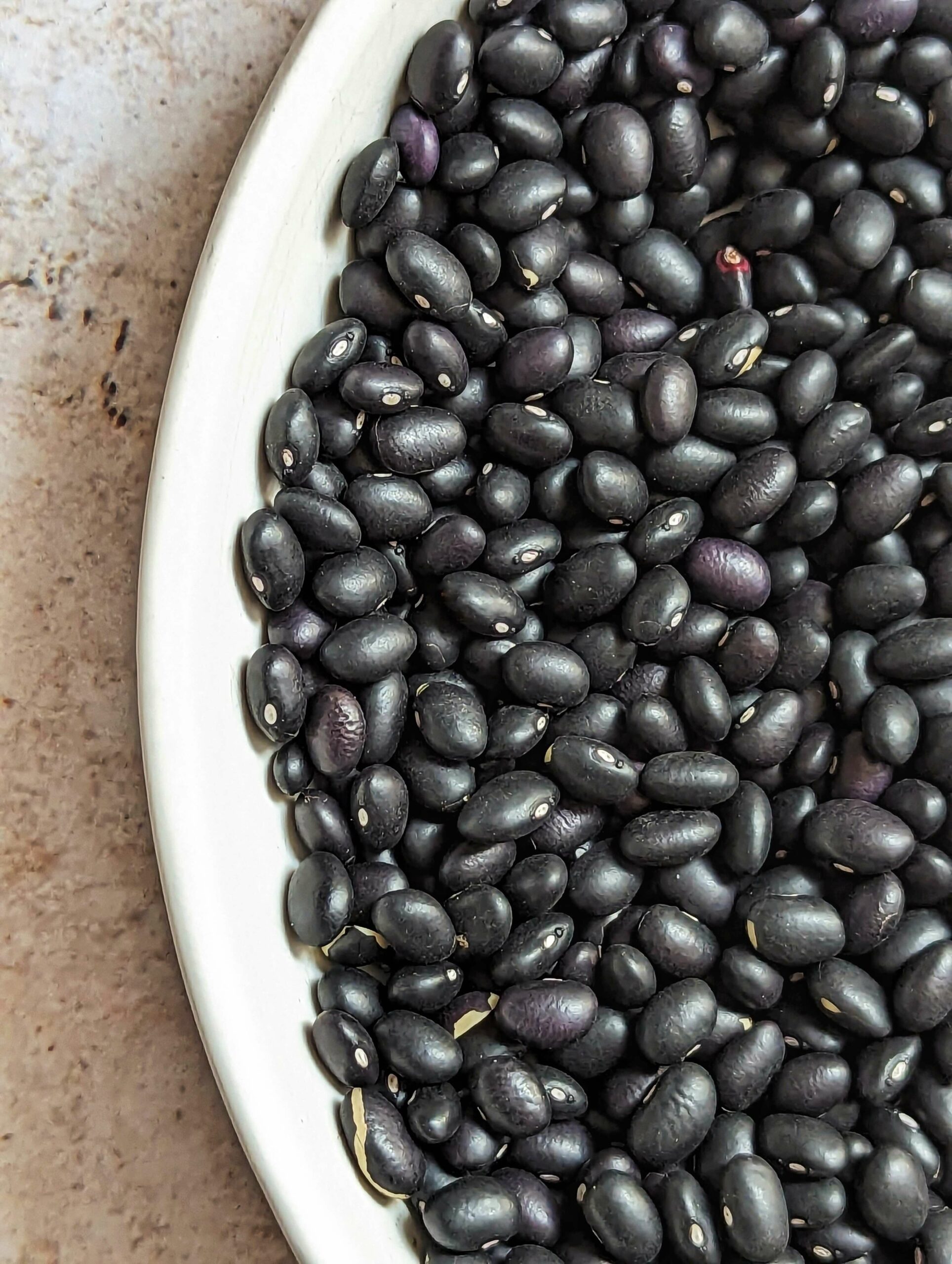 Dried black beans on a serving bowl.