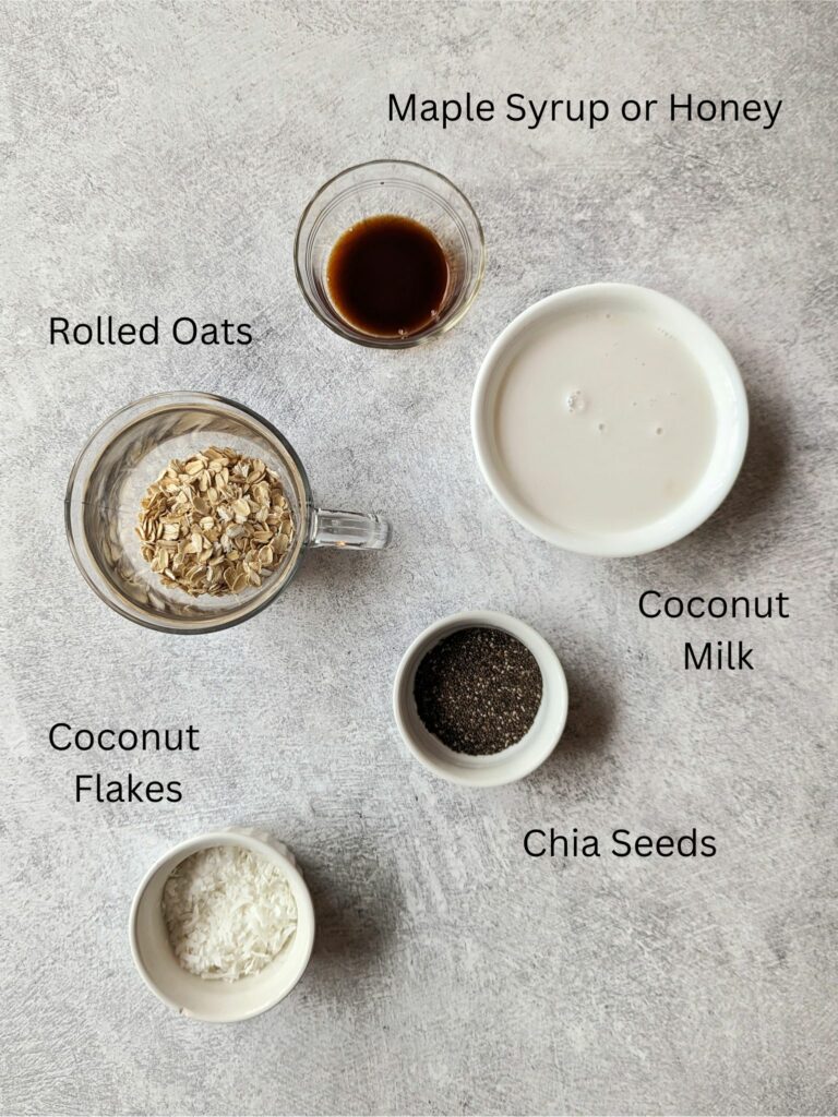 An image showing the ingredients for overnight oats with coconut milk. 