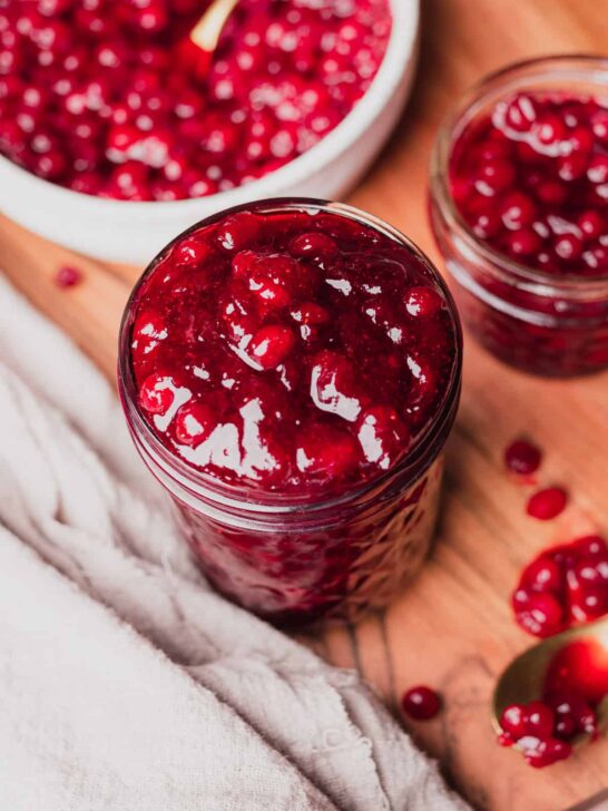 Two jars of lingionberry jam.