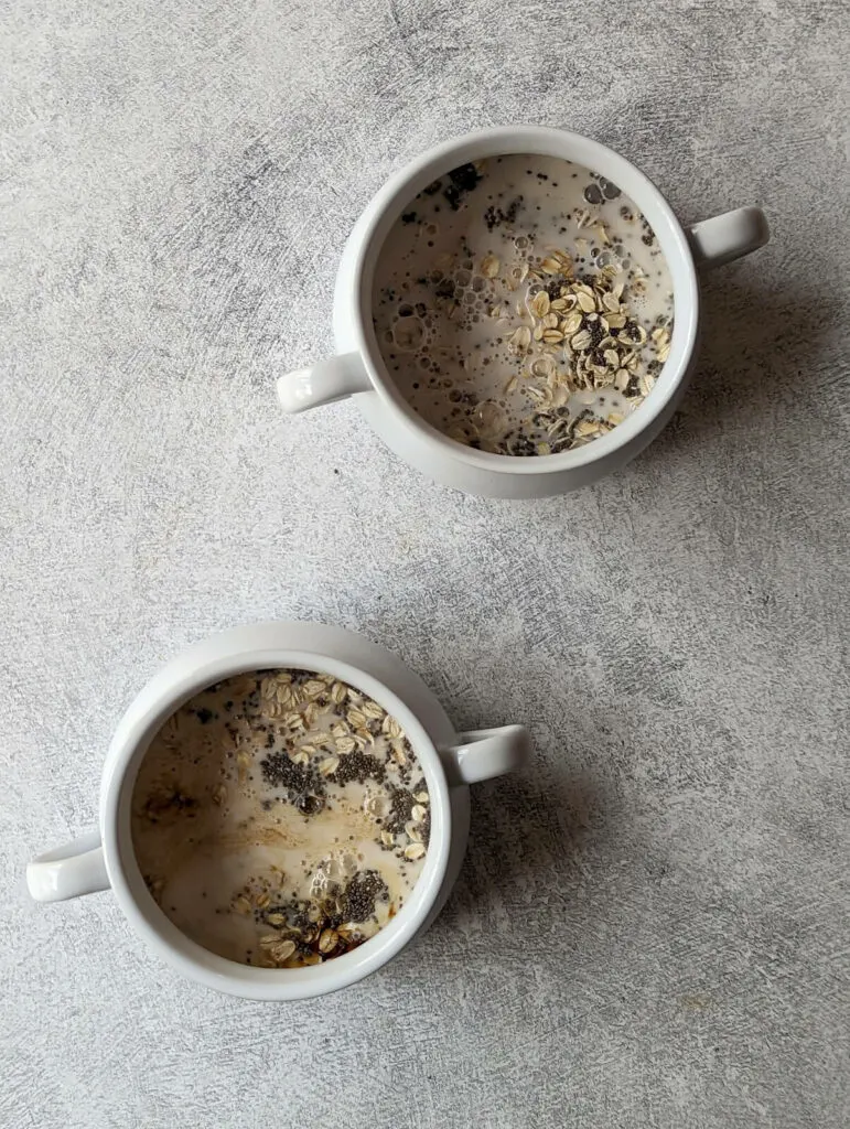 Pour milk over the oats and chia seeds.
