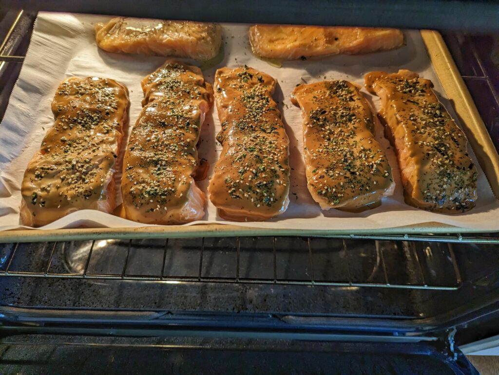 Salmon baking in the oven.