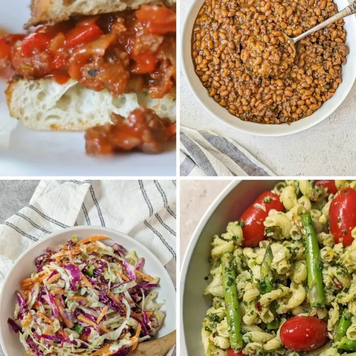Four images showing what to serve with sloppy joes.