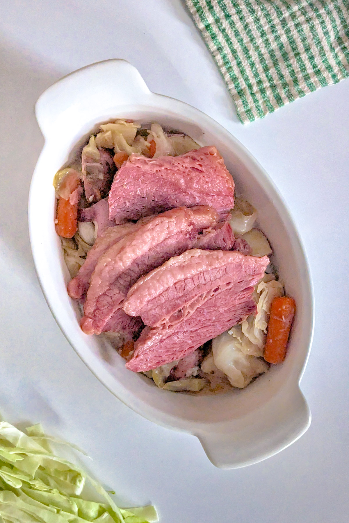 Dutch Oven Corned Beef and Cabbage in a serving bowl.