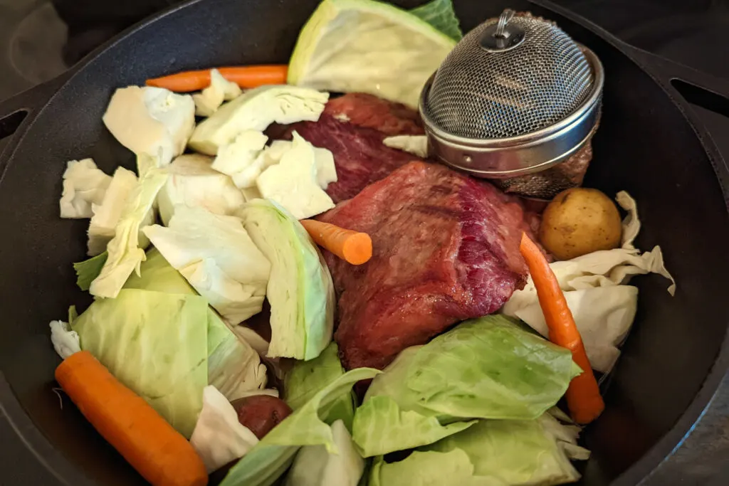 Corned beef and vegetables in the Dutch oven.
