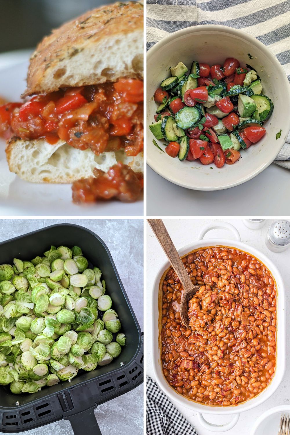 Four images of sides to serve with sloppy joes.