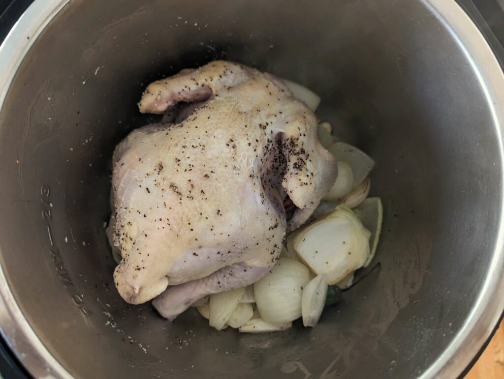 Chicken added to the onion and garlic to saute in the Instant Pot.