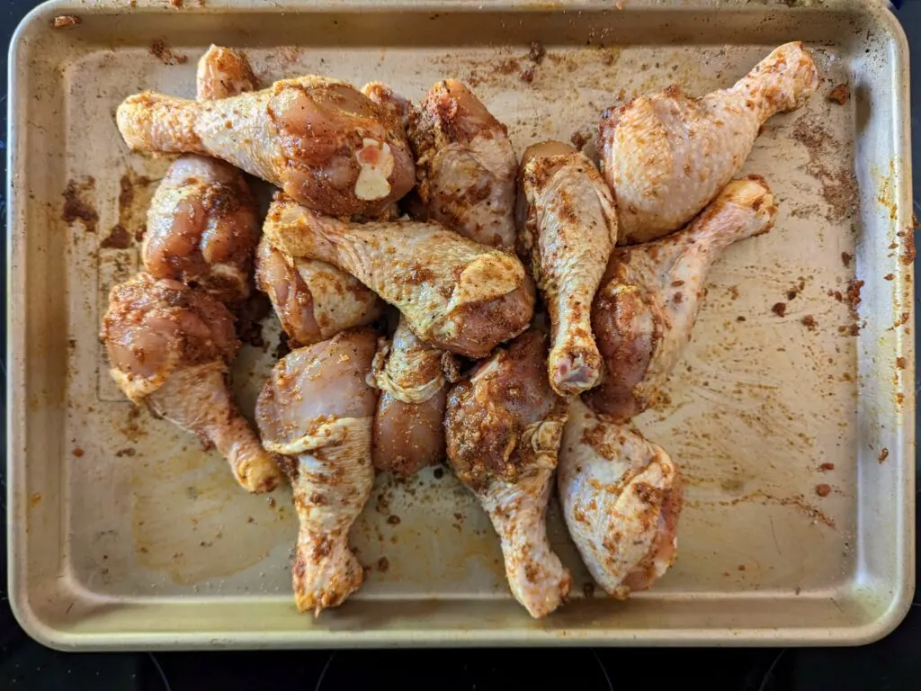 Chicken drumsticks tossed with a homemade spice blend.