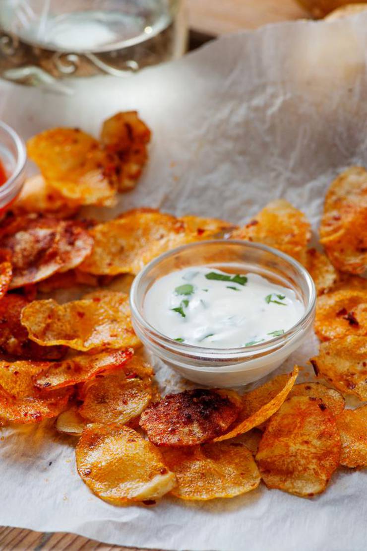 Homemade BBQ potato chips with homemade dip.