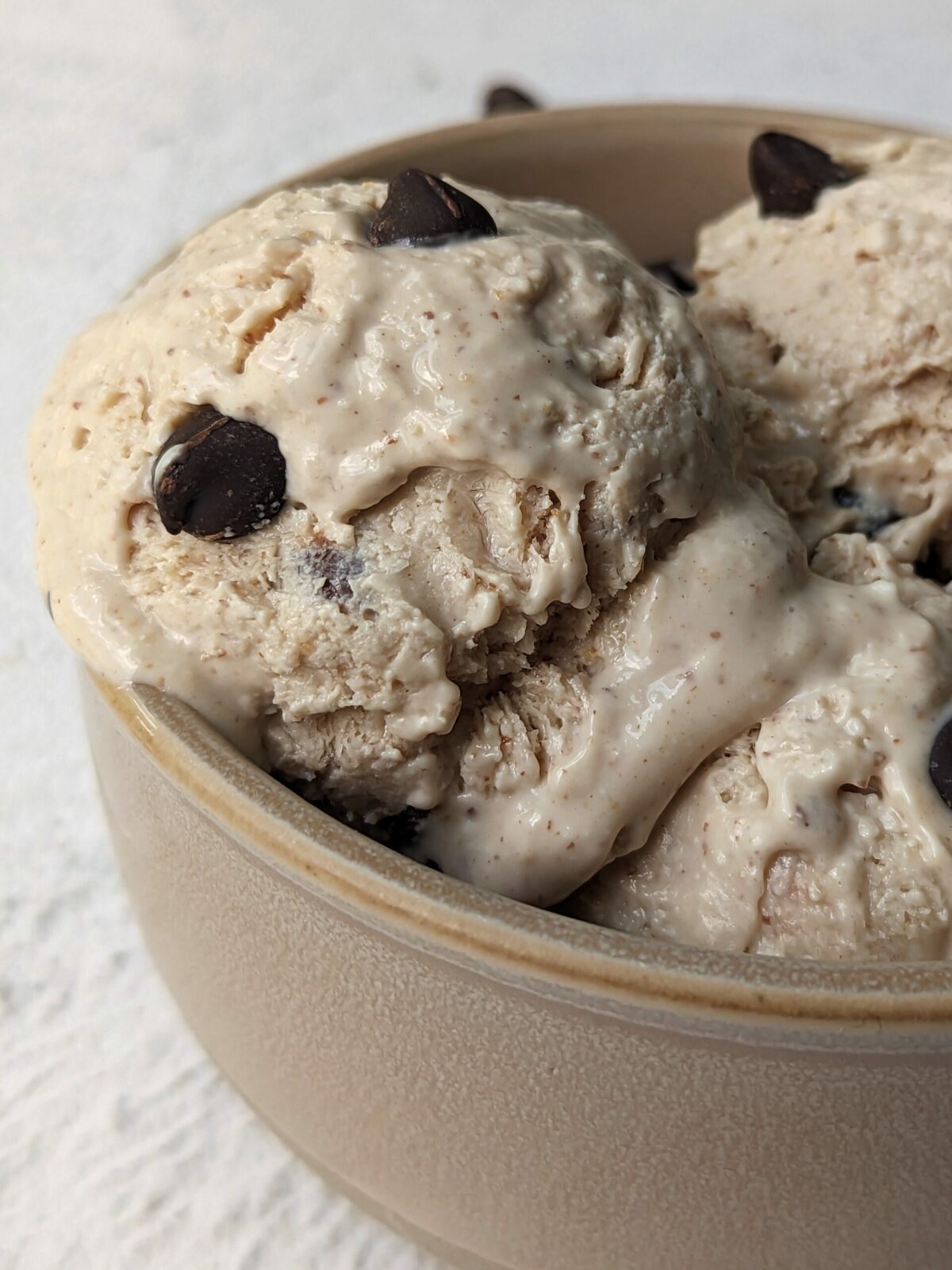 A bowl of cottage cheese ice cream with chocolate chips. 