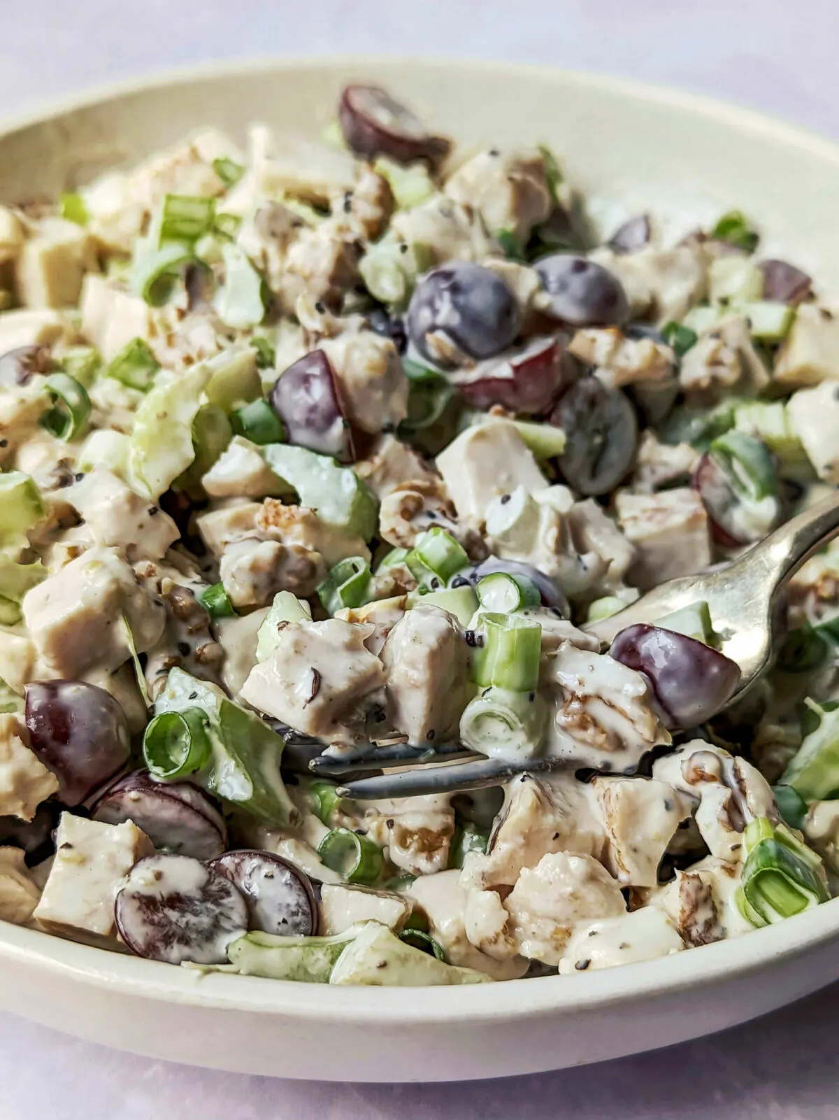 California chicken salad in a shallow bowl.