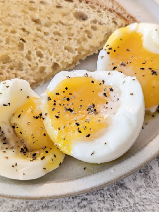 Air fryer soft boiled eggs with toast.