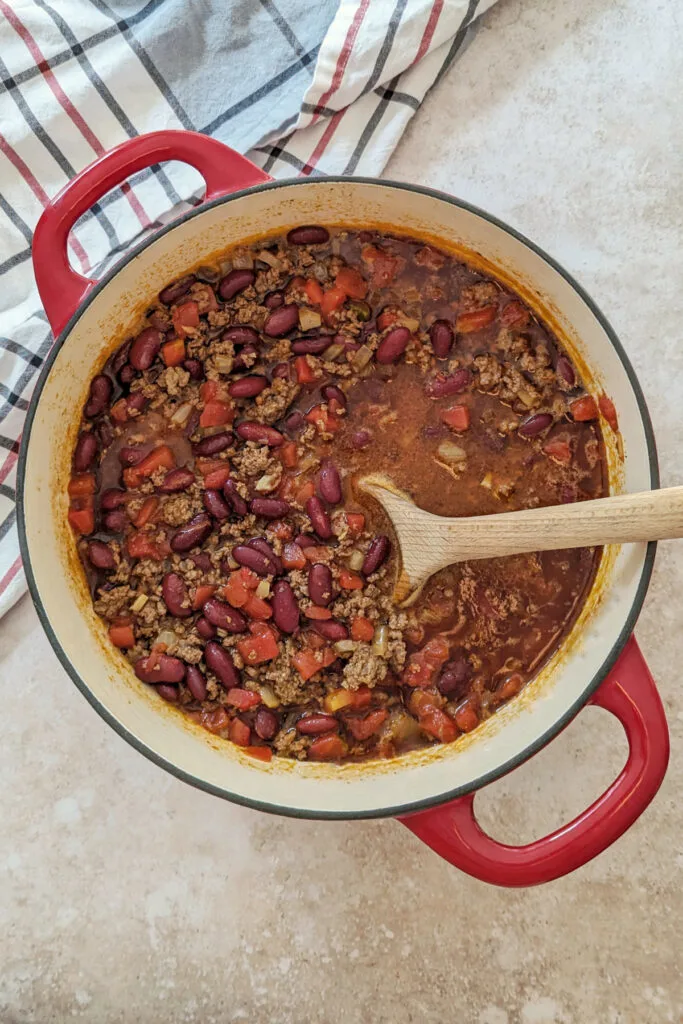 Chili in a Dutch oven.