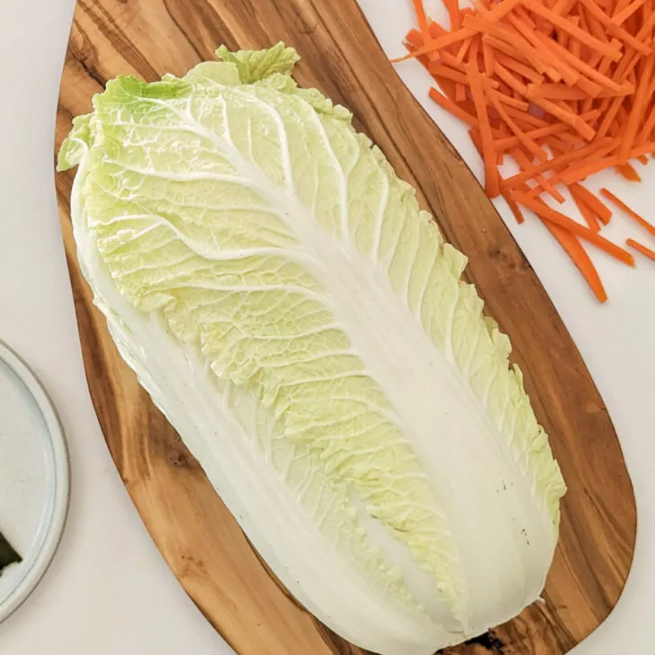 Napa cabbage on a cutting board with other vegetables around it.
