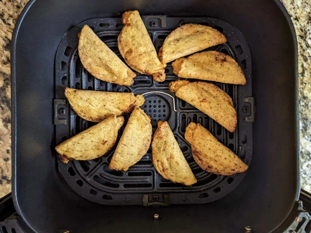 Flipped over mini tacos in the air fryer.
