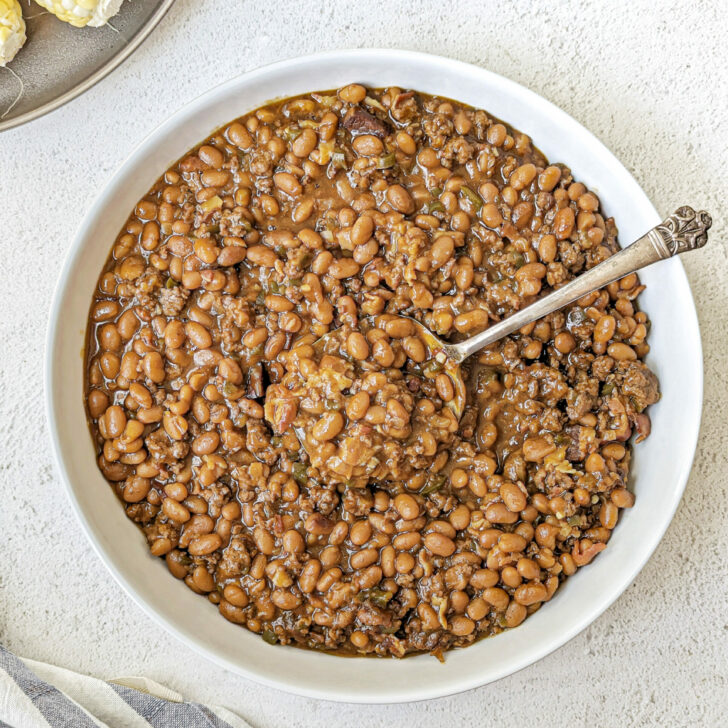 Baked beans in a serving bowl.