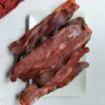 Turkey bacon on a plate.