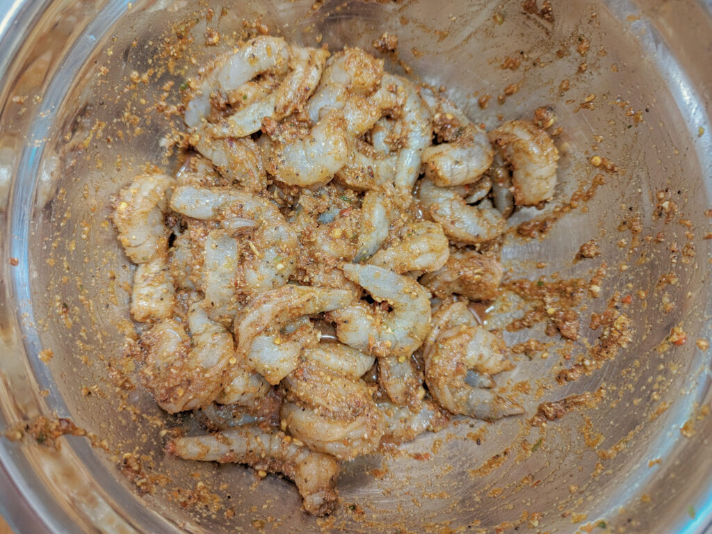 Shrimp tossed with the jerk marinade.