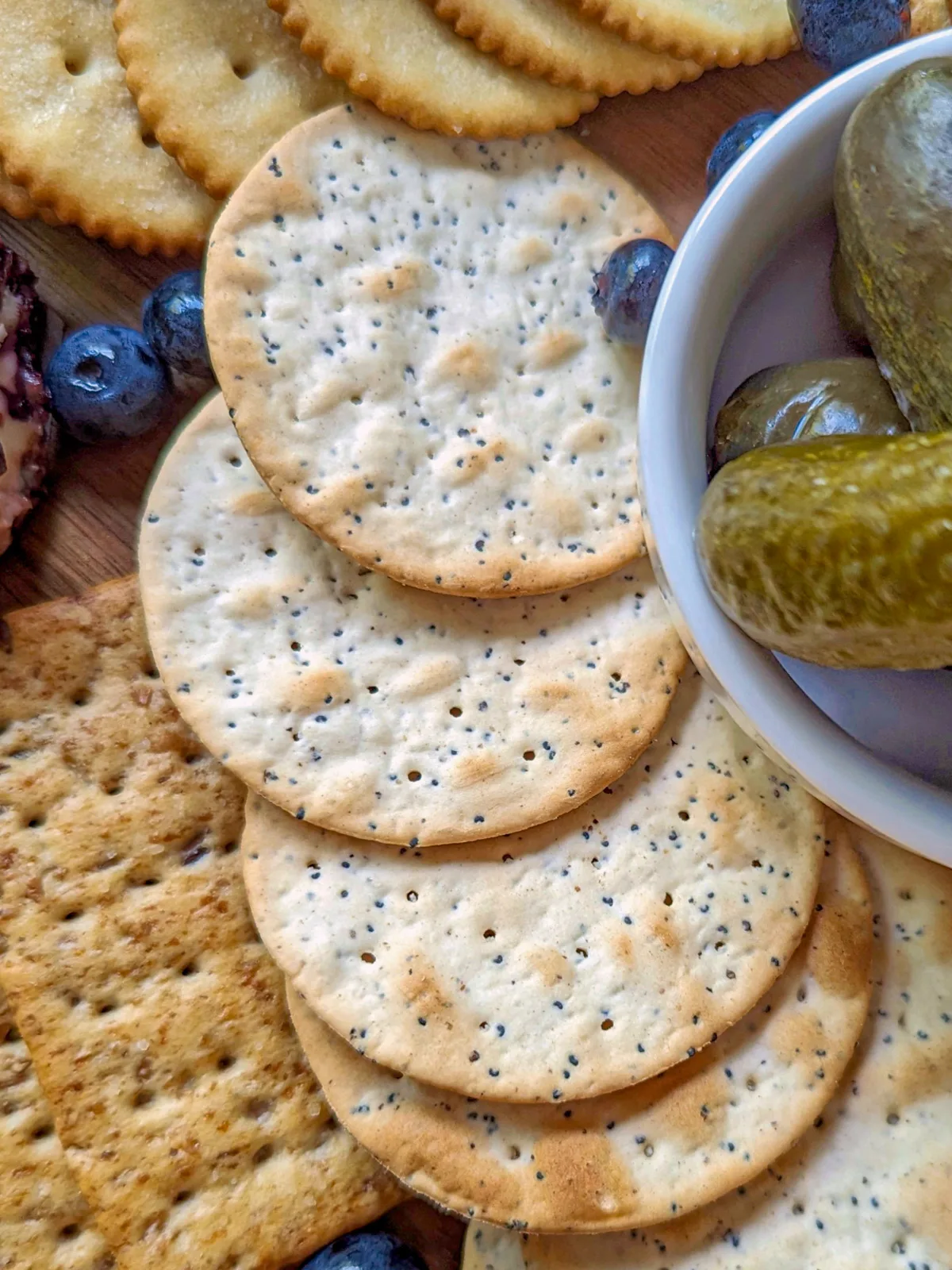Water crackers on a charcuterie board.
