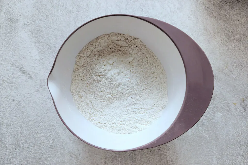 Dry ingredients in a mixing bowl. 