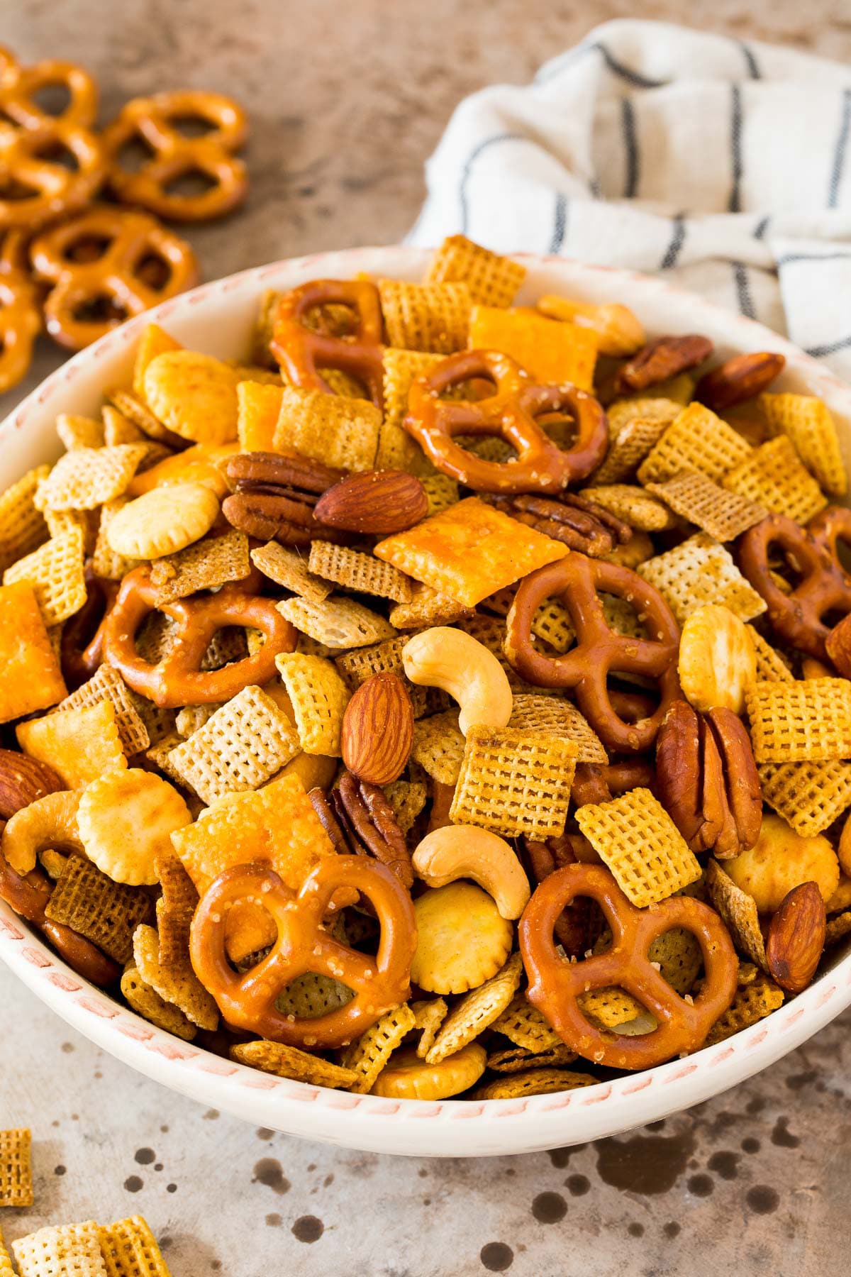 A bowl of chex mix. 