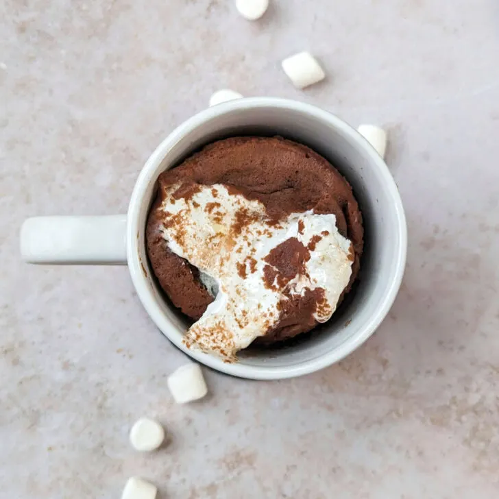 A hot chocolate mug cake with a spoon.