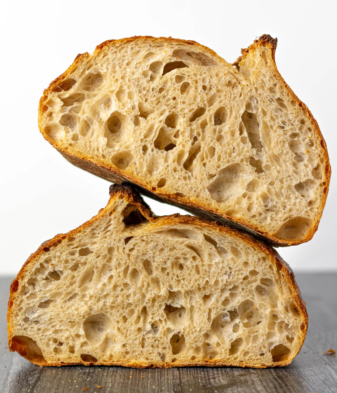 A cross section of a sourdough bread loaf.