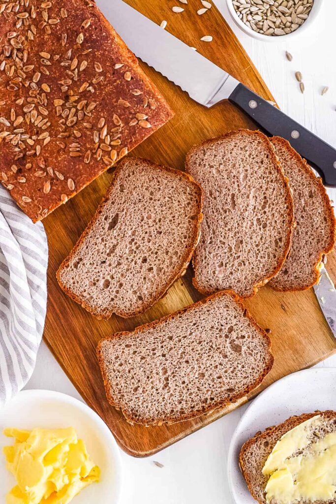 Sliced buckwheat bread and butter.