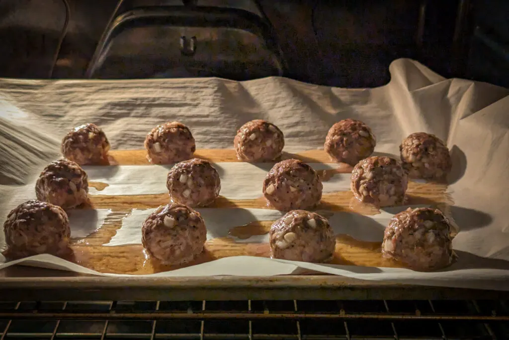 Elk Meatballs baking in the oven.