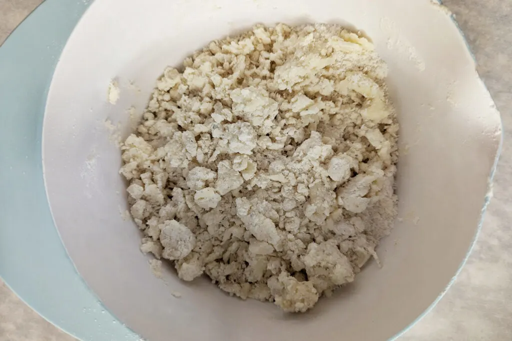 Crumbly dough in a bowl.
