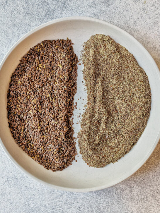 Flax seeds on a plate. 