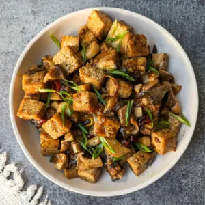 Sesame Mushroom and Tofu Stir Fry 14 Sesame mushroom and tofu stir fry on a plate.