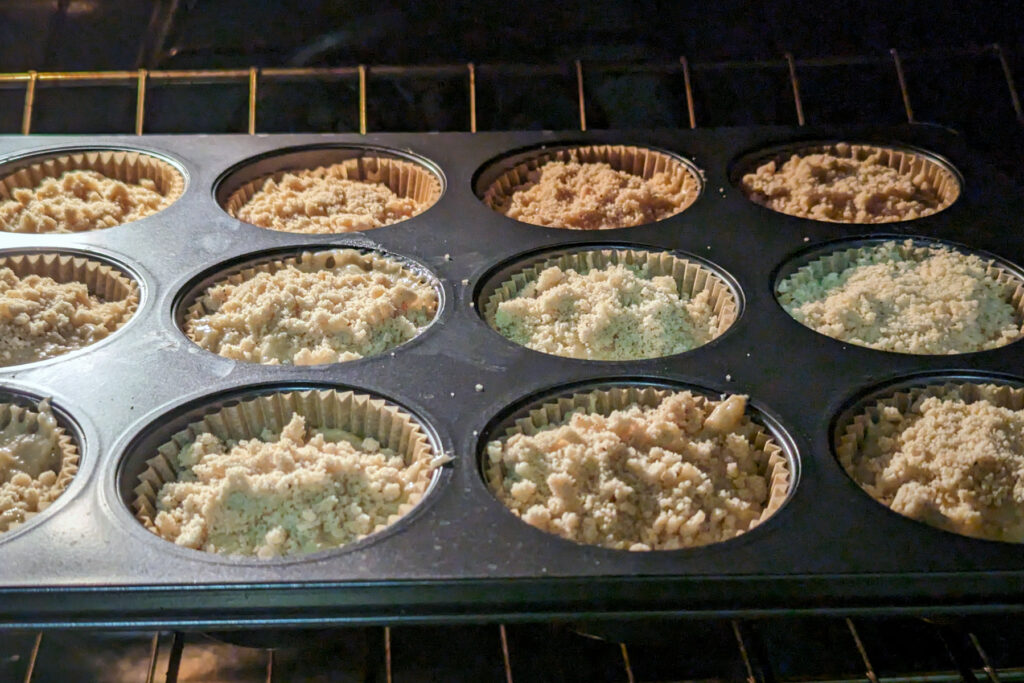 Sourdough banana muffins baking in the oven.