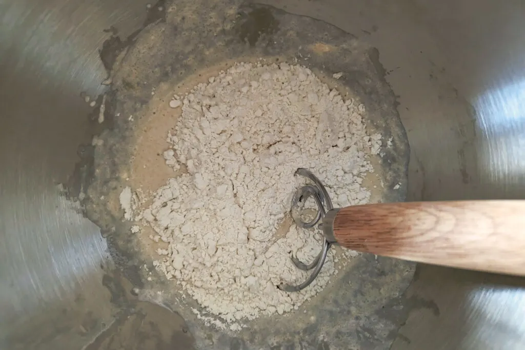 Flour added to the wet ingredients.