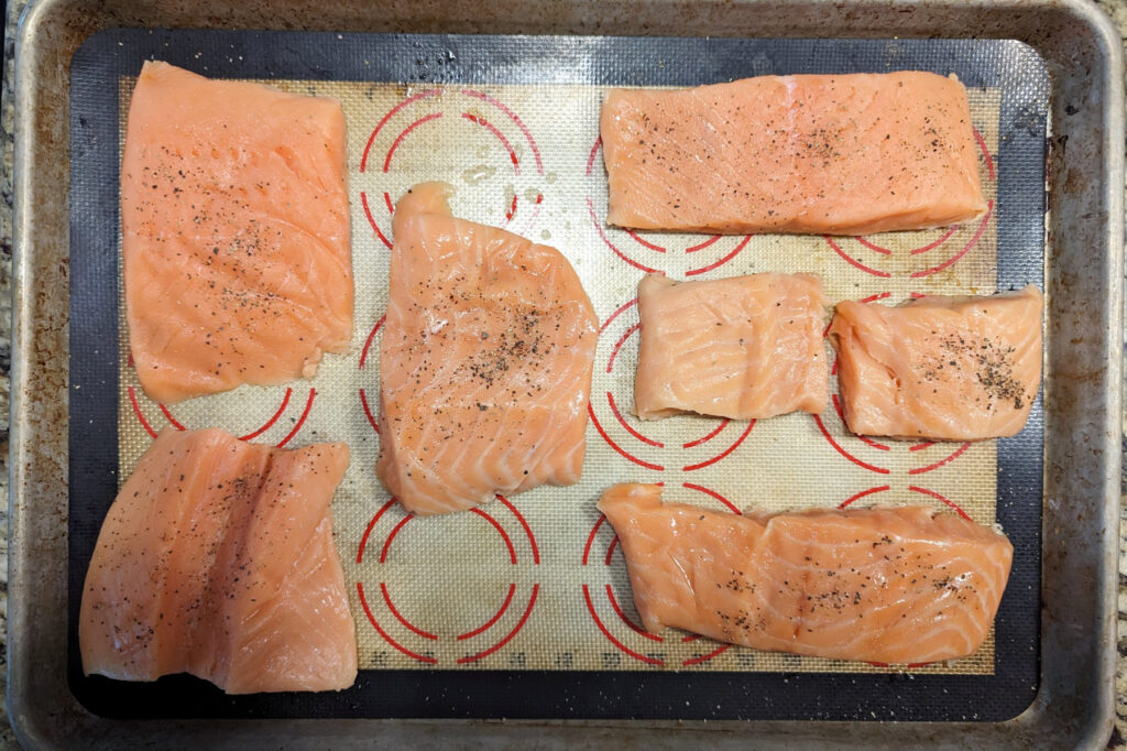 Salmon on a sheet pan.