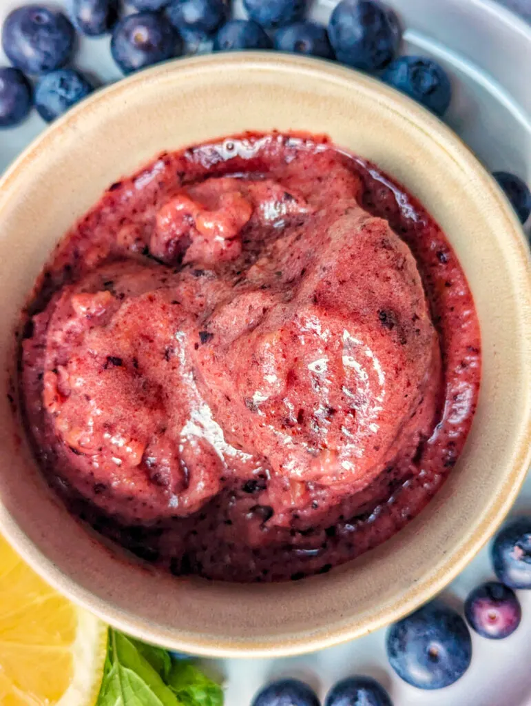 Blueberry peach sorbet in a bowl.