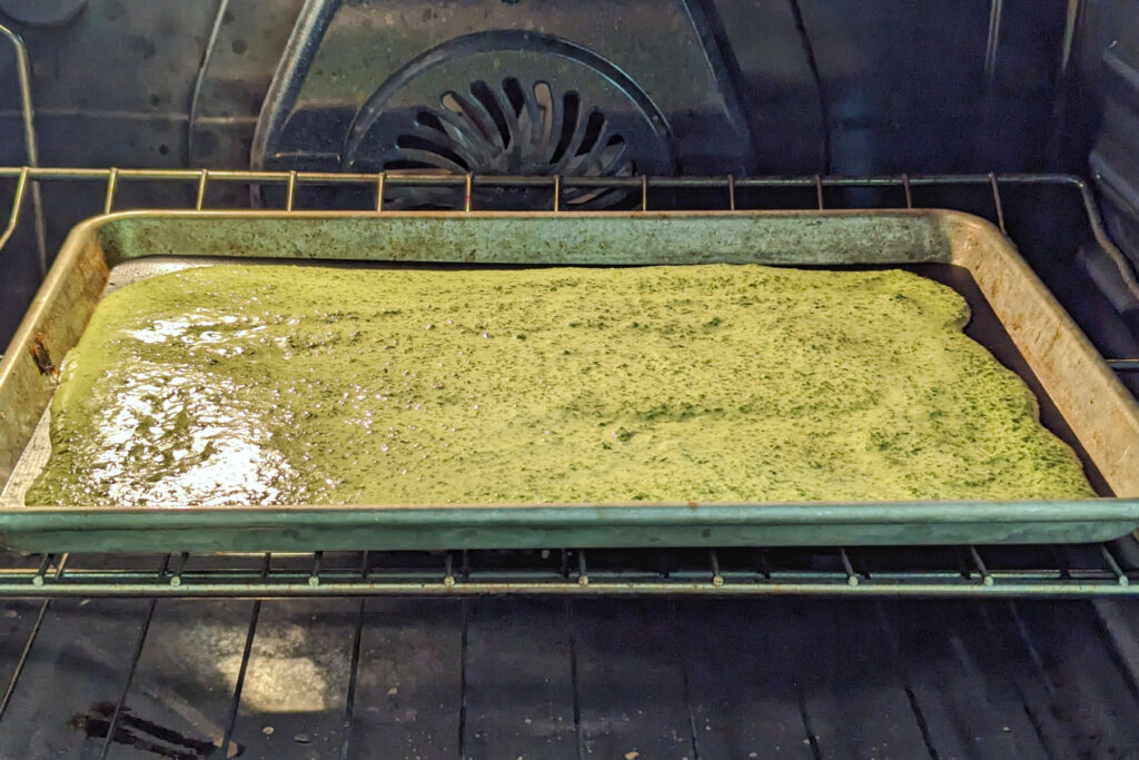 Spinach protein wraps baking in the oven.