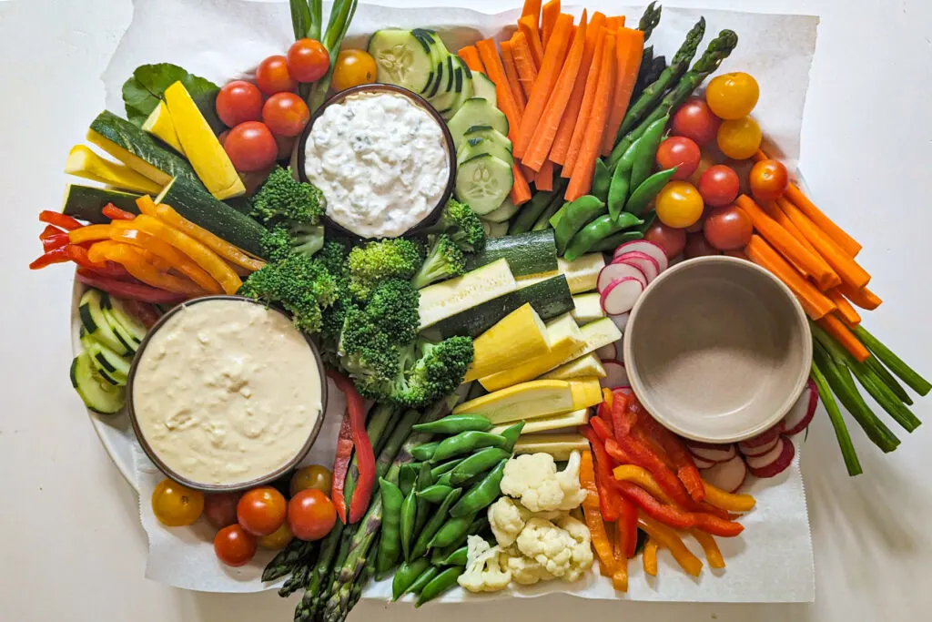 Vegetables arranged onto a platter.