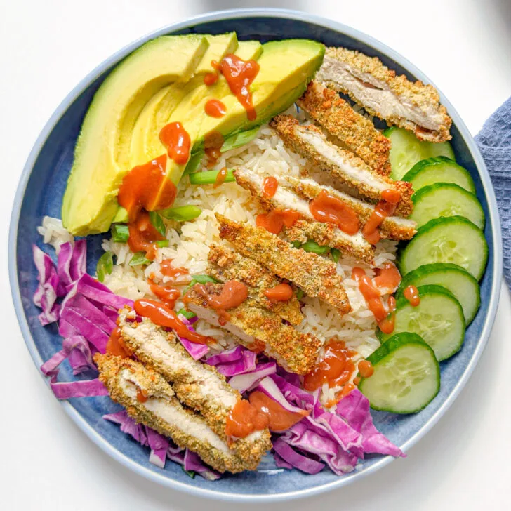 A chicken katsu bowl with toppings.