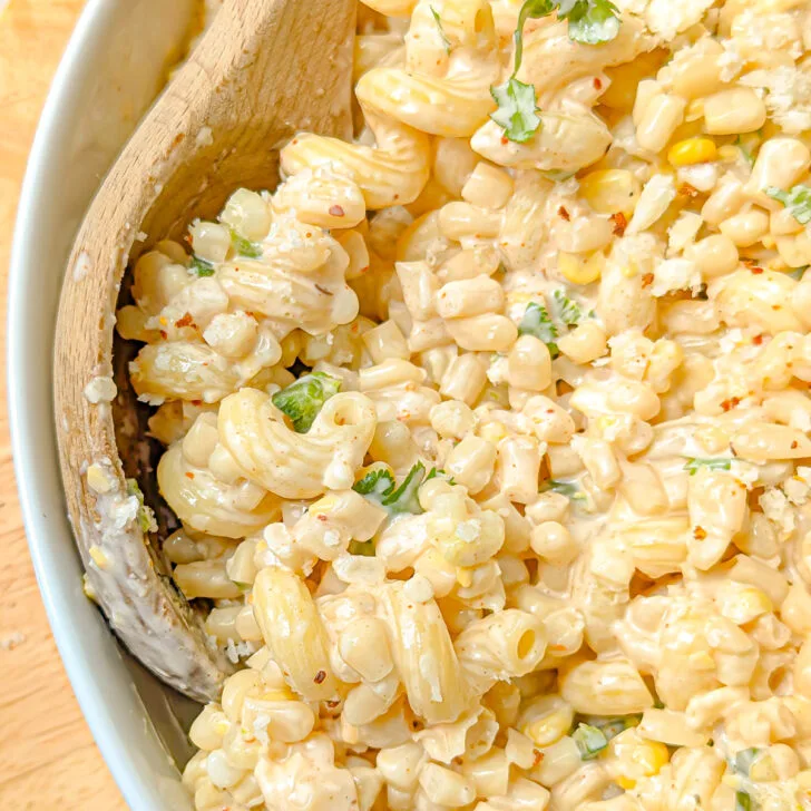 Elote pasta salad in a bowl.