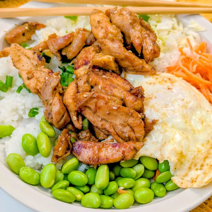 Chicken teriyaki donburi on a plate.