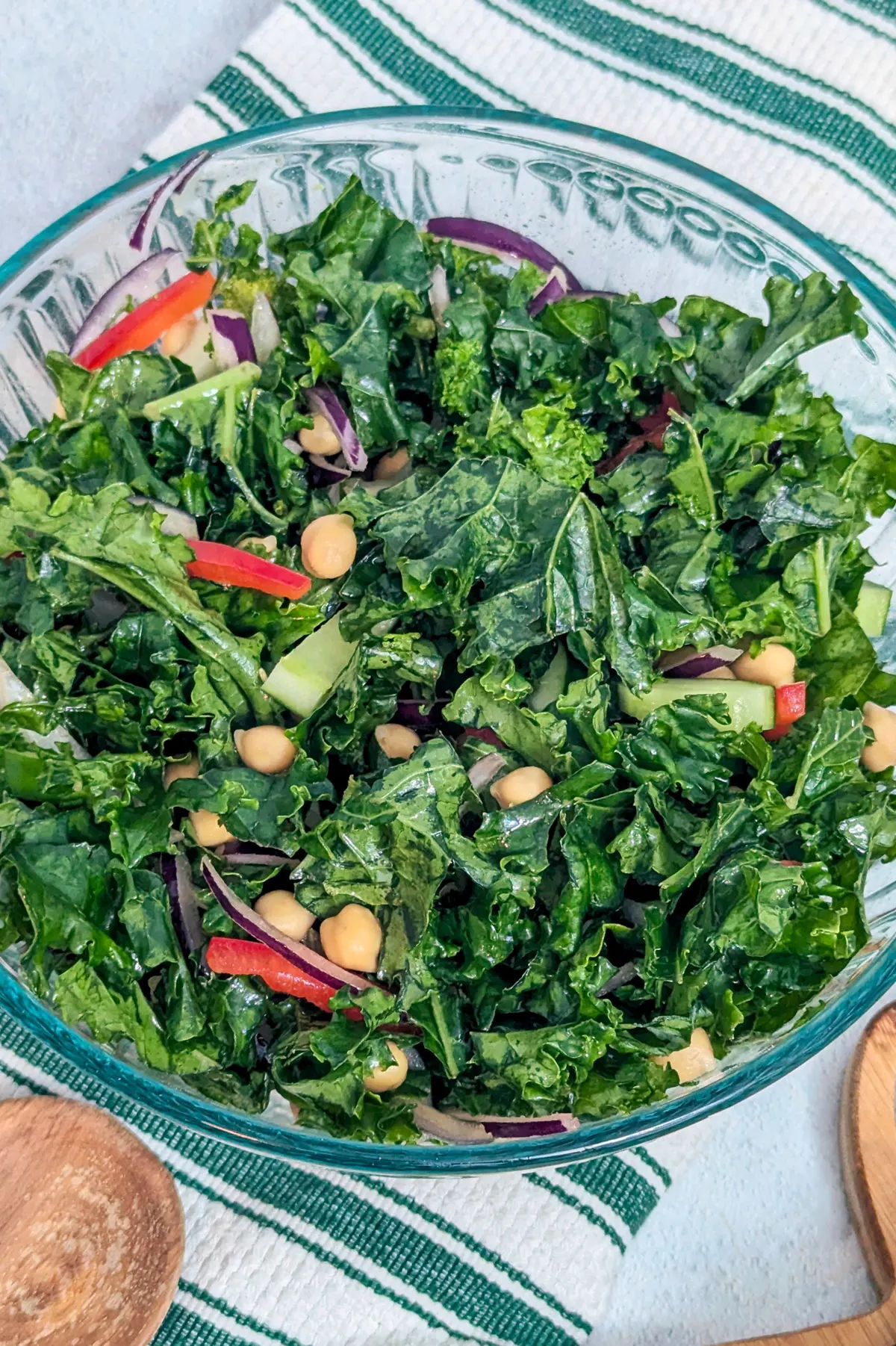 Kale and chickpea salad in a serving bowl.